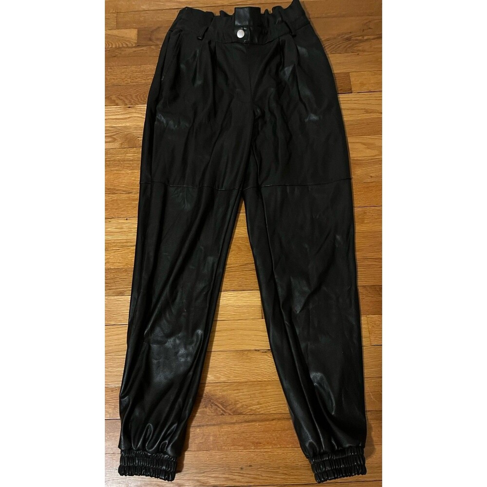 SO Women's Black Faux Leather Jogger Pants Elastic Waist & Cuffs Size M